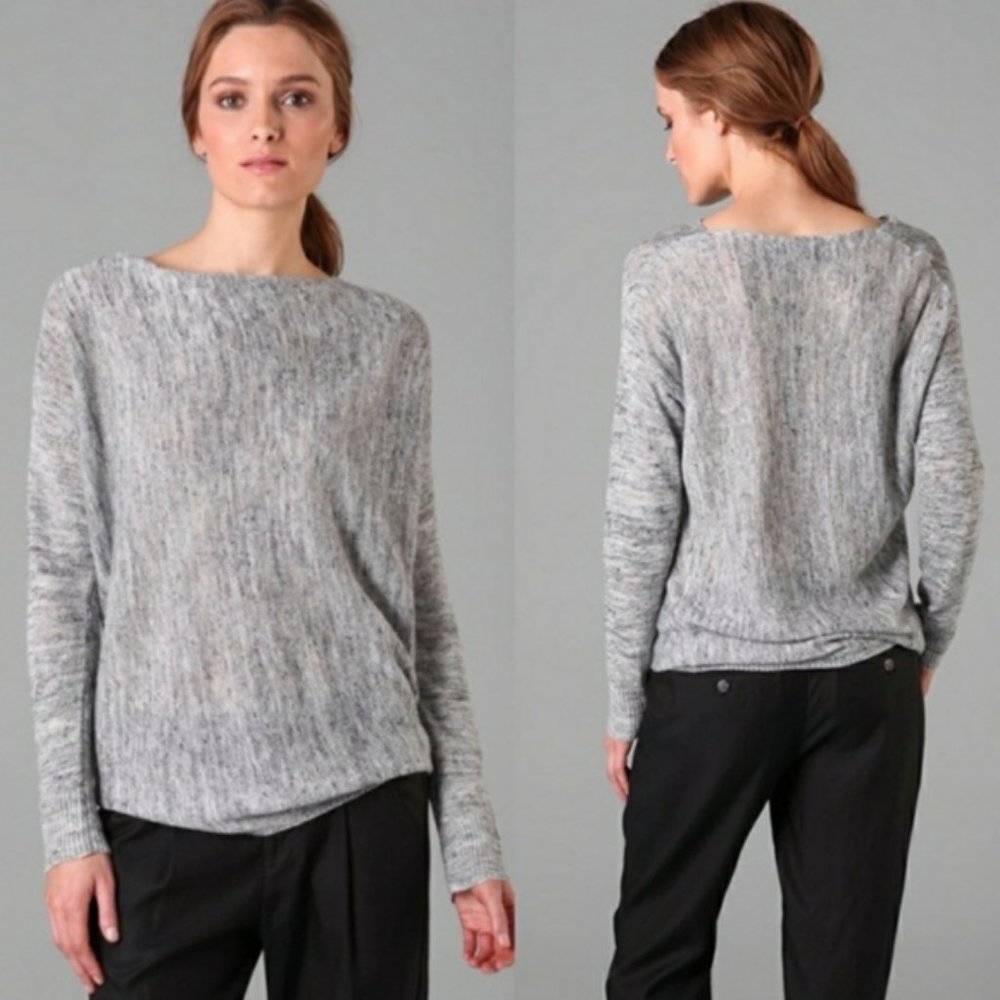 Vince Cowl Neck Oversized Marled Linen Knit Sweater Gray White Small